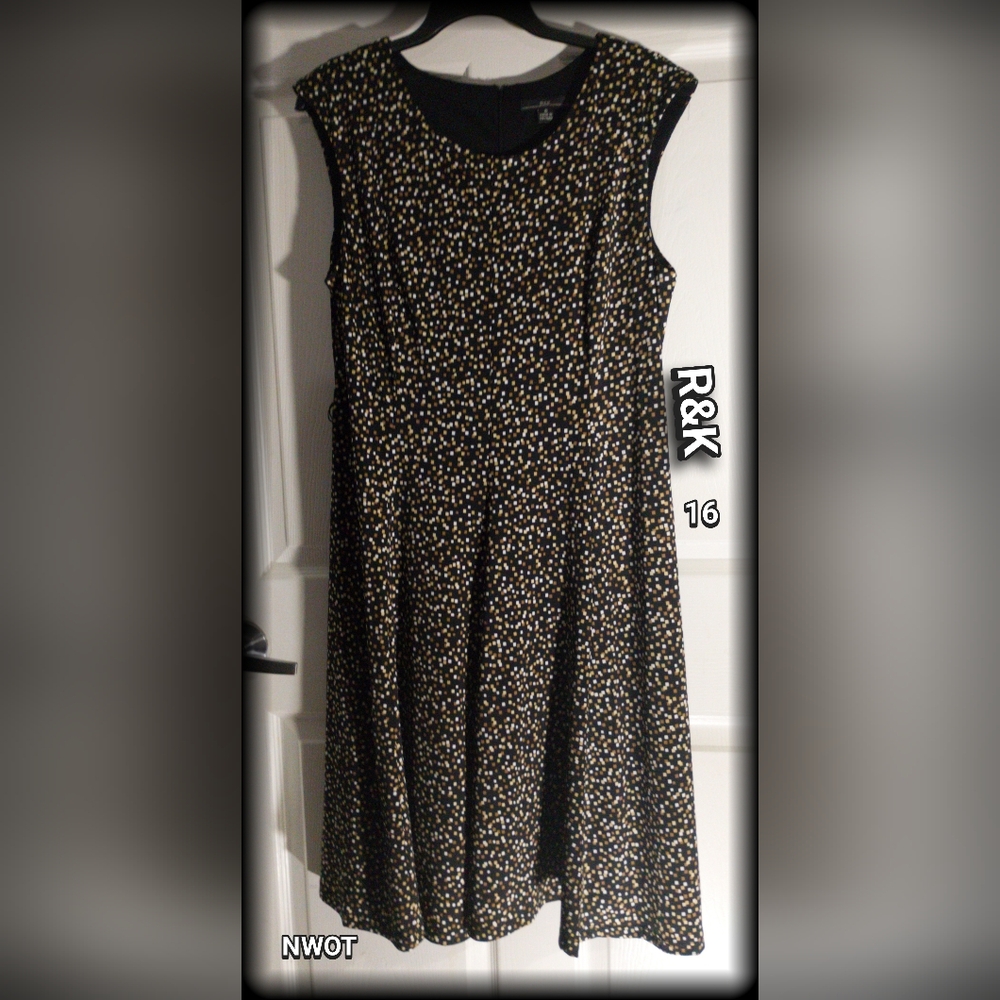 R&K Black Brown Square Pattern Dress Women's Plus Sz 16 Lined Bodice sleeveless
